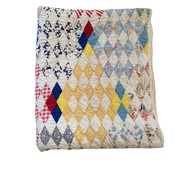 Hand Stitched Vintage Diamond Patchwork Quilt Blanket Pastels Floral 84" X 72" - Picture 3 of 11